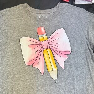 Gray Adults Shirt with Pink Bow and Pencil Design size MEDIUM adult graphic tee